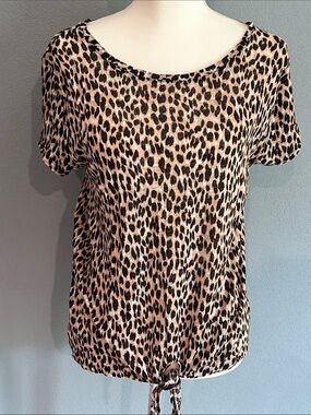 GUC LOFT Leopard Print Tie-Hem Women’s Linen Tee - Cream and Black Size L